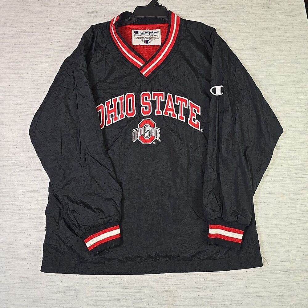 Vtg Champion Ohio State Buckeyes Pullover Windbreaker Embroidered V-Neck Blk /Rd